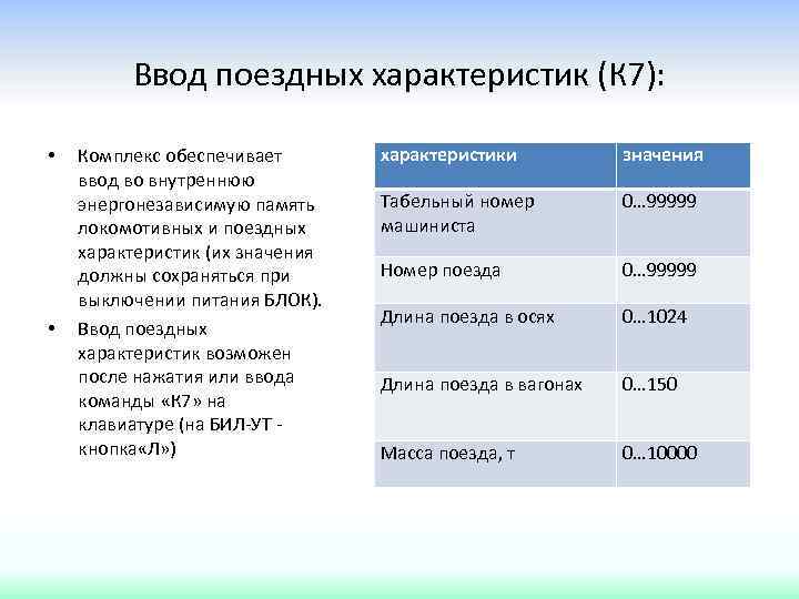 Ввод поездных характеристик (К 7): • • Комплекс обеспечивает ввод во внутреннюю энергонезависимую память