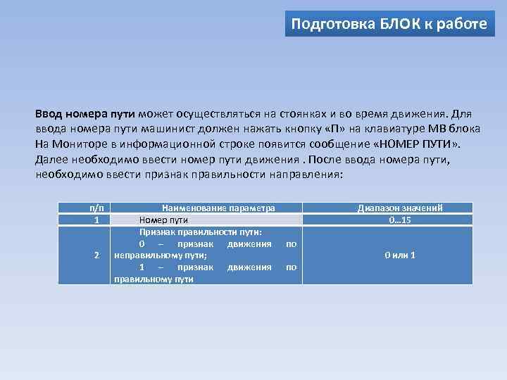 Подготовка БЛОК к работе Ввод номера пути может осуществляться на стоянках и во время