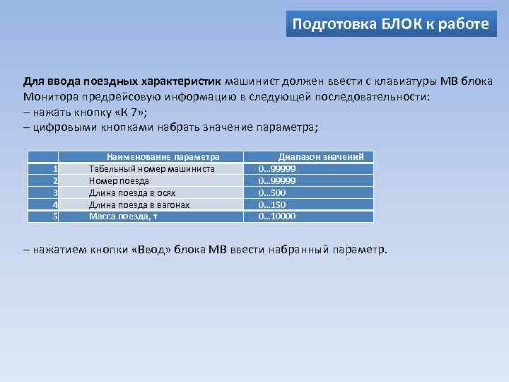 Подготовка БЛОК к работе Для ввода поездных характеристик машинист должен ввести с клавиатуры МВ