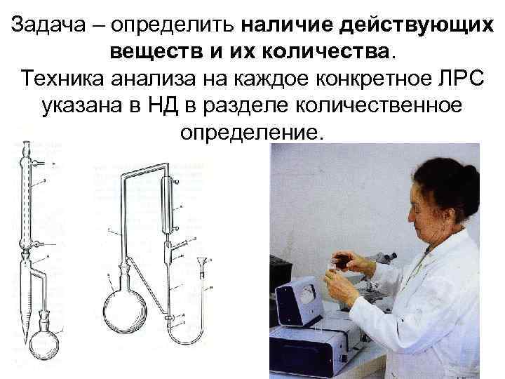 Задача – определить наличие действующих веществ и их количества. Техника анализа на каждое конкретное