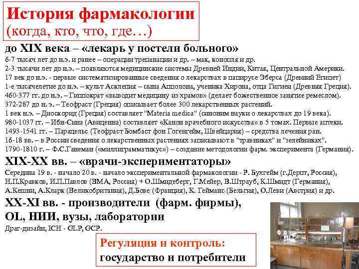 История фармакологии (когда, кто, что, где…) до XIX века – «лекарь у постели больного»