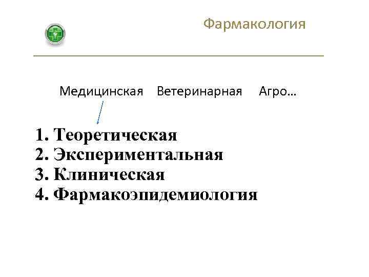 Фармакология Медицинская Ветеринарная 1. Теоретическая 2. Экспериментальная 3. Клиническая 4. Фармакоэпидемиология Агро… 