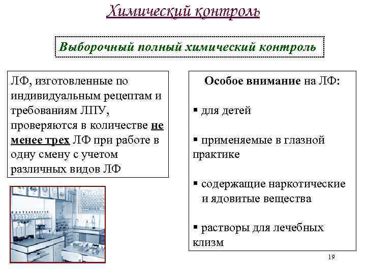 Химический контроль Выборочный полный химический контроль ЛФ, изготовленные по индивидуальным рецептам и требованиям ЛПУ,