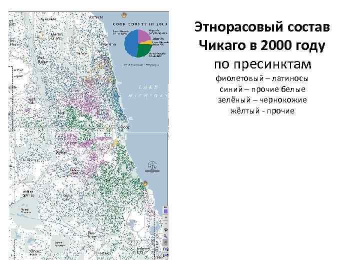 Этнорасовый состав Чикаго в 2000 году по пресинктам фиолетовый – латиносы синий – прочие