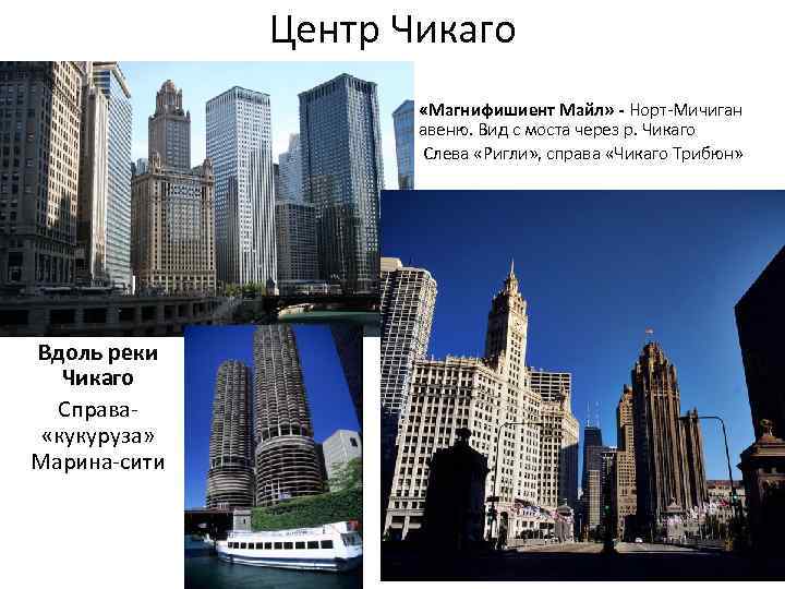 Центр Чикаго «Магнифишиент Майл» - Норт-Мичиган авеню. Вид с моста через р. Чикаго Слева