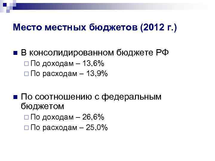 Место местных бюджетов (2012 г. ) n В консолидированном бюджете РФ ¨ По доходам