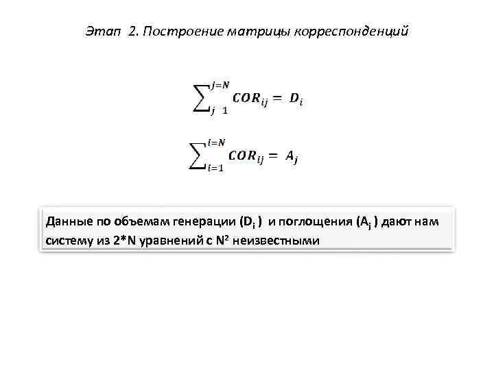 Этап 2. Построение матрицы корреспонденций Данные по объемам генерации (Di ) и поглощения (Aj