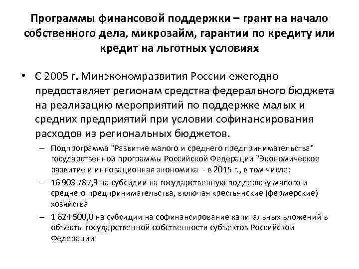 Программы финансовой поддержки – грант на начало собственного дела, микрозайм, гарантии по кредиту или