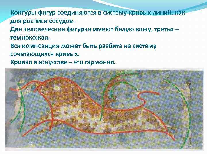 Контуры фигур соединяются в систему кривых линий, как для росписи сосудов. Две человеческие фигурки