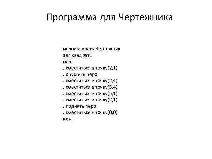 Программа для Чертежника использовать Чертежник алг квадрат1 нач. сместиться в точку(2, 1). опустить перо.