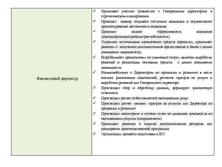  Финансовый директор Принимает участие (совместно с Генеральным директором) в стратегическом планировании Проводит оценку