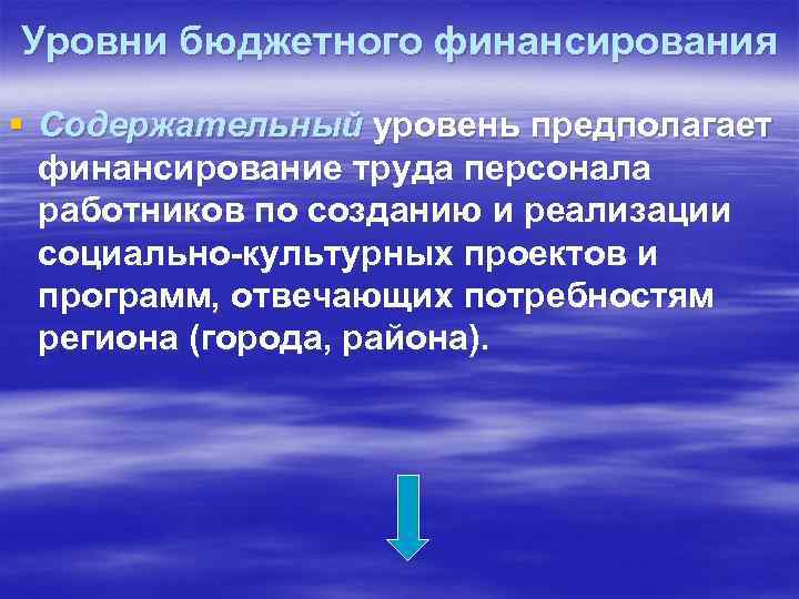 Уровни бюджетного финансирования § Содержательный уровень предполагает финансирование труда персонала работников по созданию и