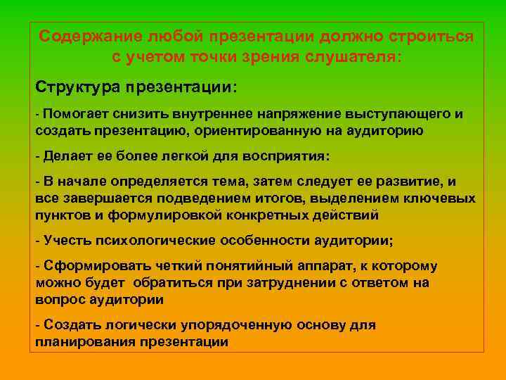 Содержание любой презентации должно строиться с учетом точки зрения слушателя: Структура презентации: - Помогает