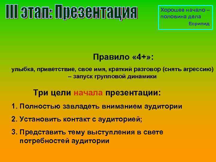 Хорошее начало – половина дела Еврипид Правило « 4+» : улыбка, приветствие, свое имя,