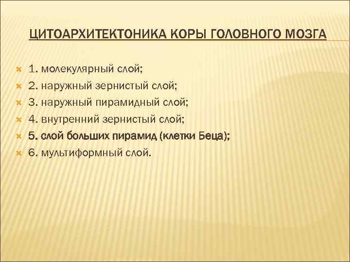 ЦИТОАРХИТЕКТОНИКА КОРЫ ГОЛОВНОГО МОЗГА 1. молекулярный слой; 2. наружный зернистый слой; 3. наружный пирамидный