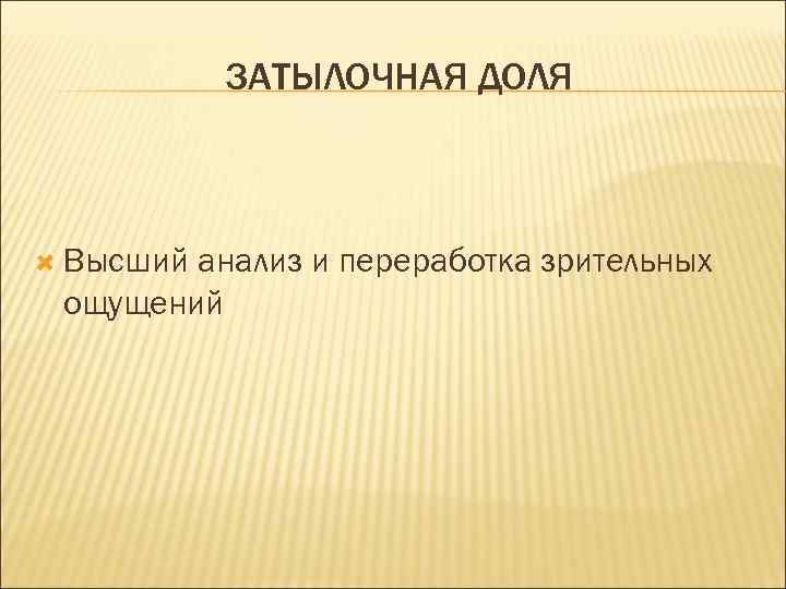 ЗАТЫЛОЧНАЯ ДОЛЯ Высший анализ и переработка зрительных ощущений 