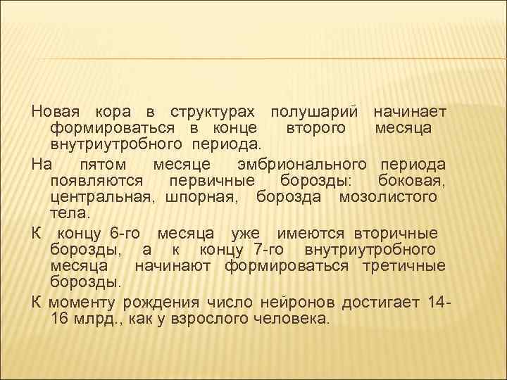 Новая кора в структурах полушарий начинает формироваться в конце второго месяца внутриутробного периода. На