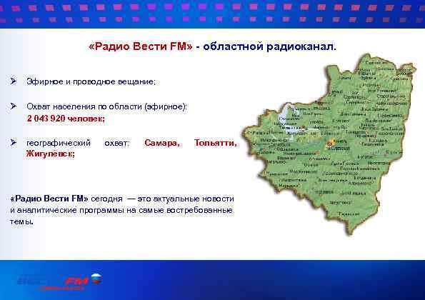  «Радио Вести FM» - областной радиоканал. Ø Эфирное и проводное вещание; Ø Охват