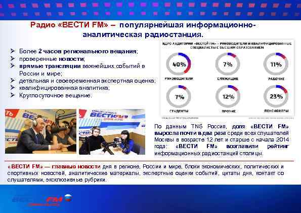 Радио «ВЕСТИ FM» – популярнейшая информационноаналитическая радиостанция. Ø Более 2 часов регионального вещания; Ø