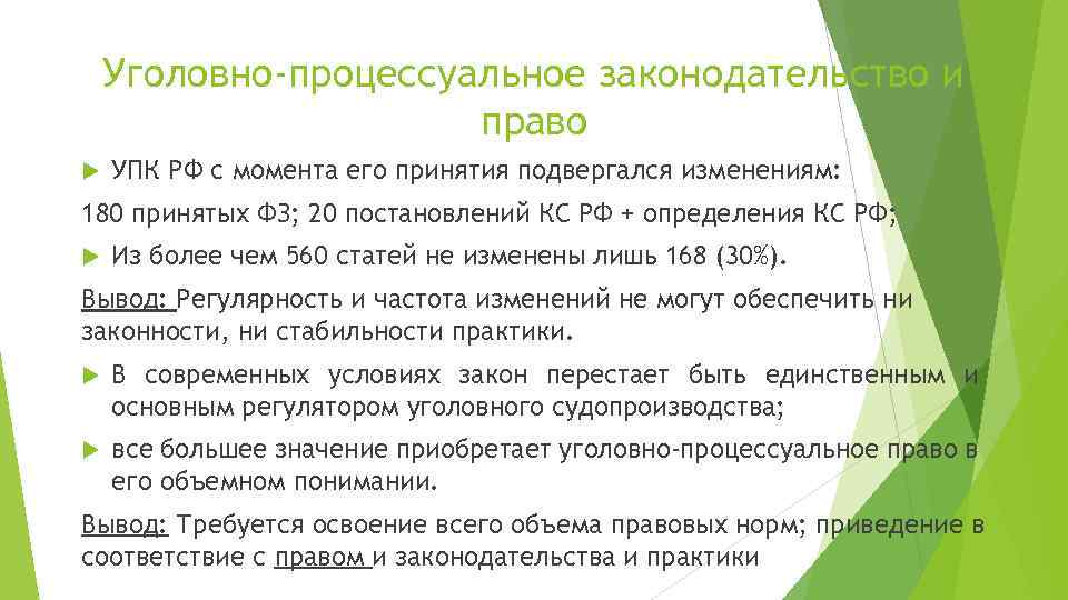 Уголовно-процессуальное законодательство и право УПК РФ с момента его принятия подвергался изменениям: 180 принятых