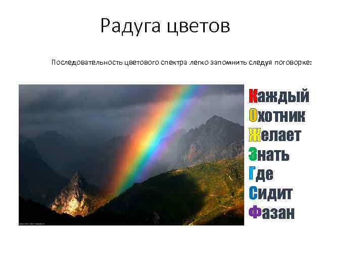 Радуга цветов Последовательность цветового спектра легко запомнить следуя поговорке: Каждый Охотник Желает Знать Где