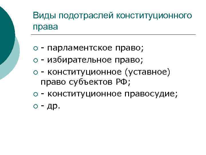 Виды подотраслей конституционного права - парламентское право; ¡ - избирательное право; ¡ - конституционное