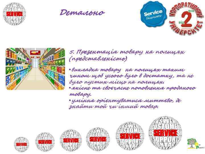 Детально 5. Презентація товару на полицях (представленість) • викладка товару на полицях таким чином