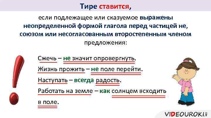 Тире ставится, если подлежащее или сказуемое выражены неопределенной формой глагола перед частицей не, союзом