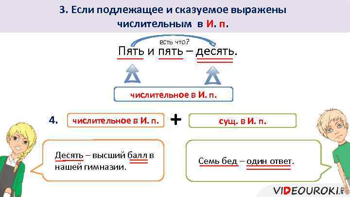 3. Если подлежащее и сказуемое выражены числительным в И. п. есть что? Пять и