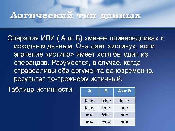 Логический тип данных Операция ИЛИ ( А or В) «менее привередлива» к исходным данным.