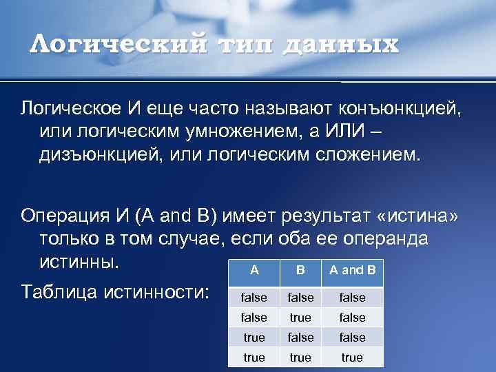 Логический тип данных Логическое И еще часто называют конъюнкцией, или логическим умножением, а ИЛИ