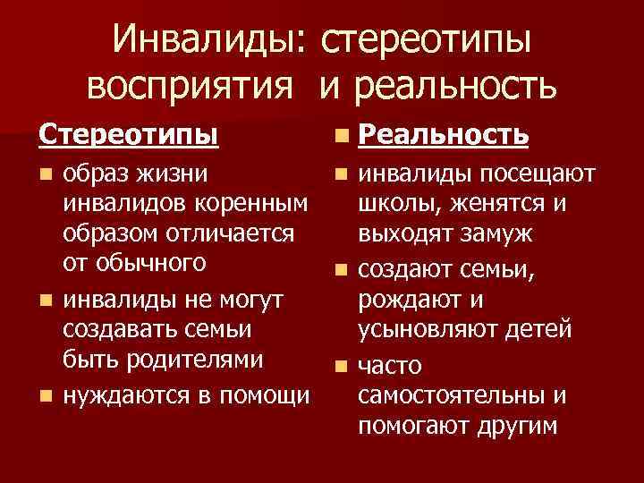 Инвалиды: стереотипы восприятия и реальность Стереотипы n n Реальность образ жизни n инвалиды посещают