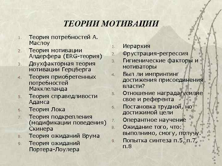 ТЕОРИИ МОТИВАЦИИ 1. 2. 3. 4. 5. 6. 7. 8. 9. Теория потребностей А.