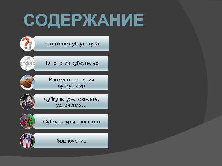 СОДЕРЖАНИЕ Что такое субкультура Типология субкультур Взаимоотношения субкультур Субкультуры, фэндом, увлечения… Субкультуры прошлого Заключение