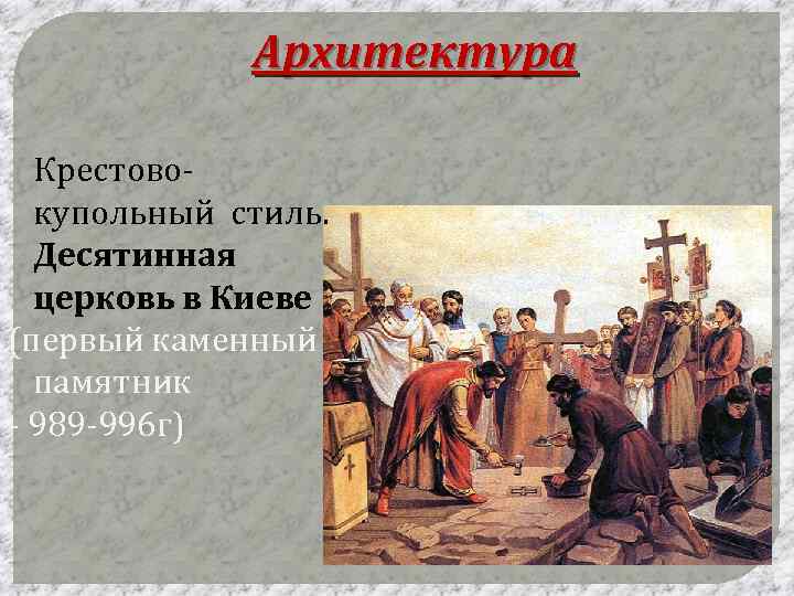 Архитектура Крестовокупольный стиль. Десятинная церковь в Киеве (первый каменный памятник - 989 -996 г)