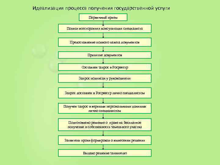 Идеализация процесса получения государственной услуги Первичный прием Полная всесторонняя консультация специалиста Предоставление полного пакета