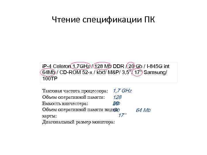 Чтение спецификации ПК i. P-4 Celeron 1, 7 GHz / 128 Mb DDR /