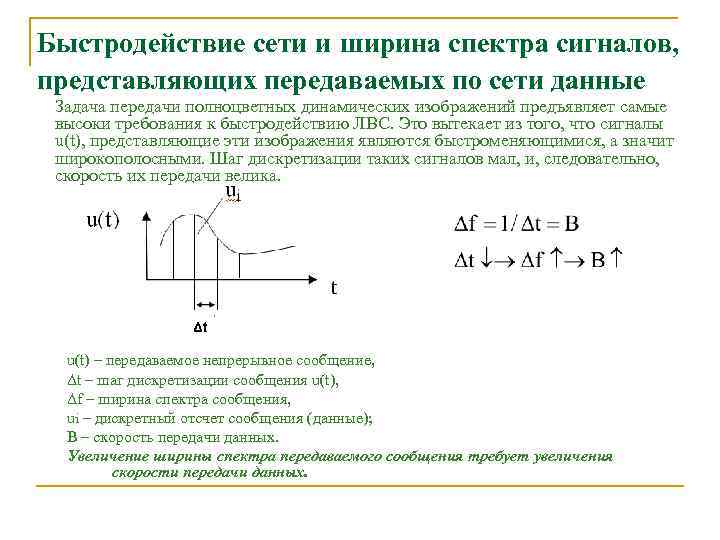 Быстродействие сети и ширина спектра сигналов, представляющих передаваемых по сети данные Задача передачи полноцветных