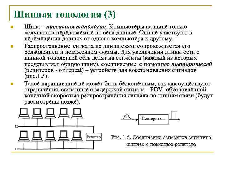 Шинная топология (3) n n n Шина – пассивная топология. Компьютеры на шине только