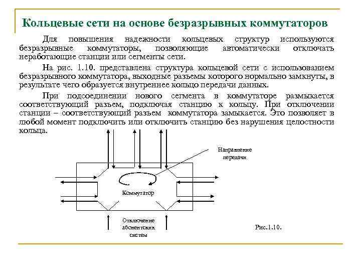 Кольцевые сети на основе безразрывных коммутаторов Для повышения надежности кольцевых структур используются безразрывные коммутаторы,