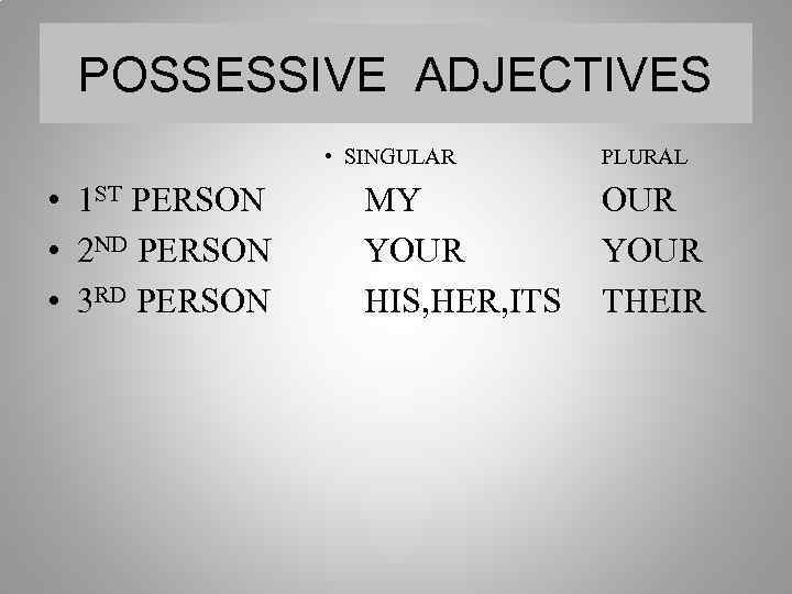 POSSESSIVE ADJECTIVES • SINGULAR • 1 ST PERSON • 2 ND PERSON • 3