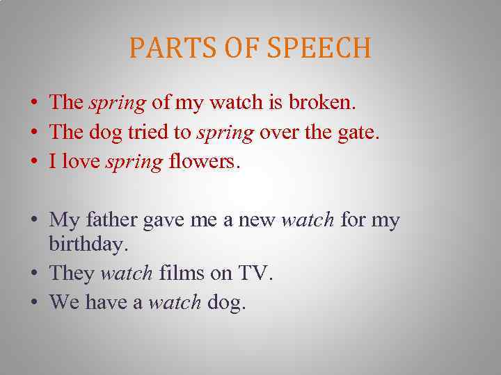 PARTS OF SPEECH • The spring of my watch is broken. • The dog