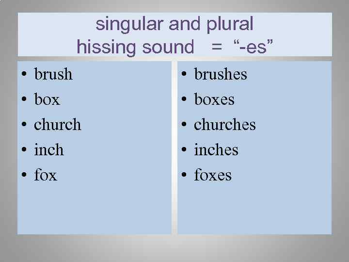 singular and plural hissing sound = “-es” • • • brush box church inch