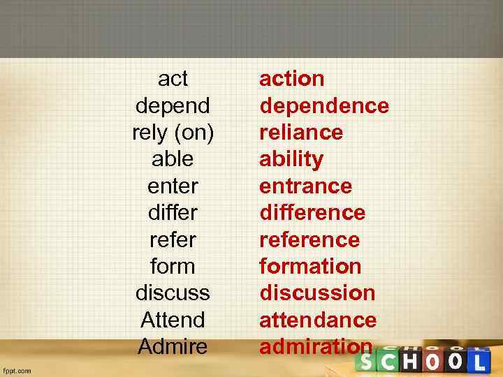 act depend rely (on) able enter differ refer form discuss Attend Admire action dependence