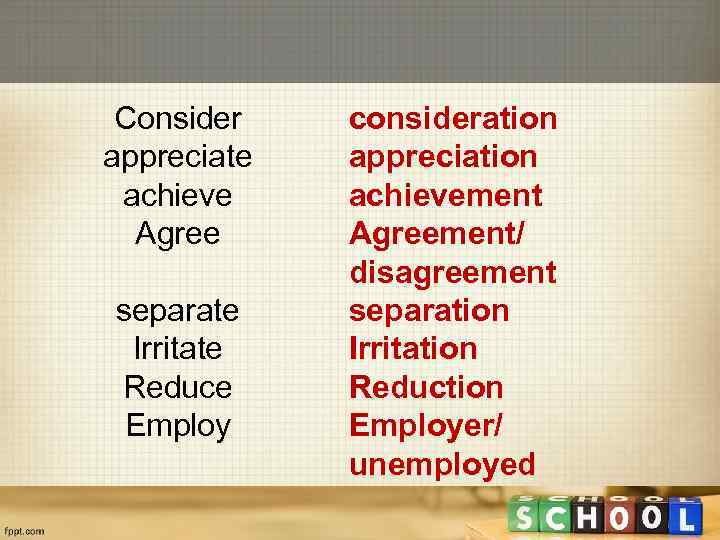 Consider appreciate achieve Agree separate Irritate Reduce Employ consideration appreciation achievement Agreement/ disagreement separation