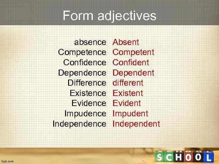 Form adjectives absence Competence Confidence Dependence Difference Existence Evidence Impudence Independence Absent Competent Confident