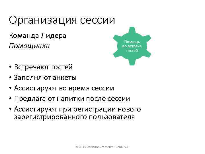 Организация сессии Команда Лидера Помощники • Встречают гостей • Заполняют анкеты • Ассистируют во