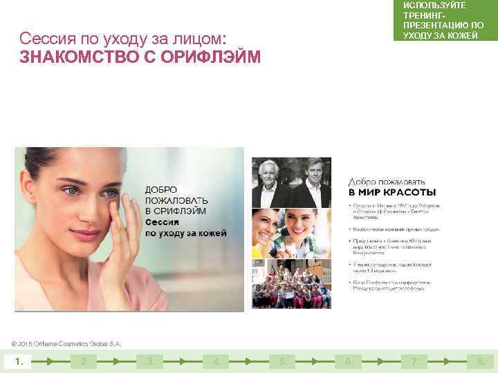 ИСПОЛЬЗУЙТЕ ТРЕНИНГПРЕЗЕНТАЦИЮ ПО УХОДУ ЗА КОЖЕЙ Сессия по уходу за лицом: ЗНАКОМСТВО С ОРИФЛЭЙМ