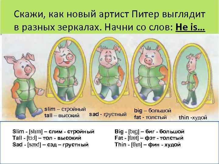 Скажи, как новый артист Питер выглядит в разных зеркалах. Начни со слов: He is…