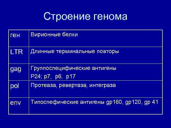 Строение генома ген Вирионные белки LTR Длинные терминальные повторы gag Группоспецифические антигены Р 24;
